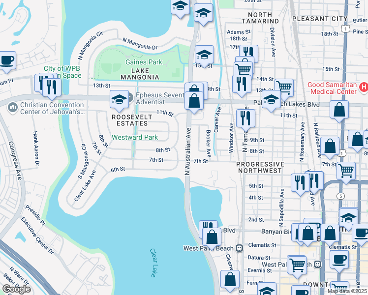 map of restaurants, bars, coffee shops, grocery stores, and more near 901 North Australian Avenue in West Palm Beach