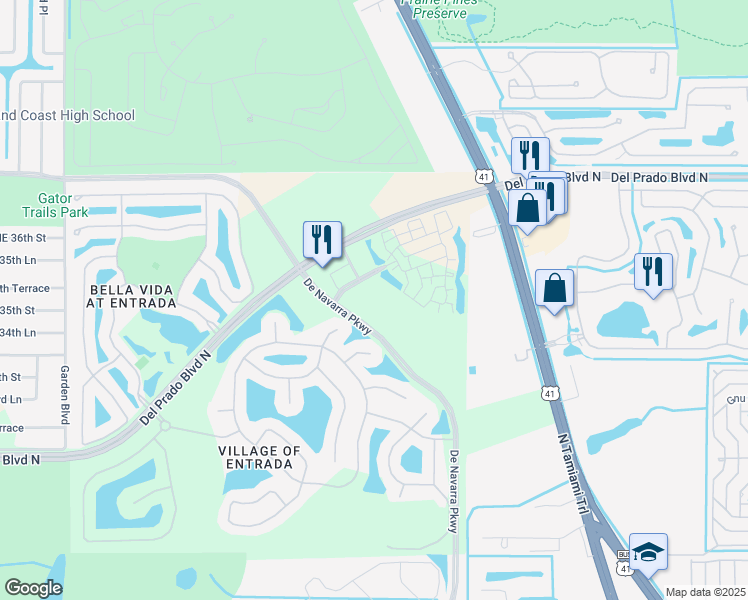 map of restaurants, bars, coffee shops, grocery stores, and more near 3600 De Navarra Parkway in Cape Coral