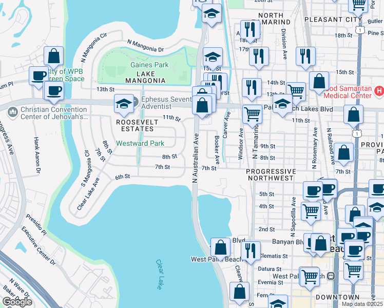 map of restaurants, bars, coffee shops, grocery stores, and more near 901 North Australian Avenue in West Palm Beach
