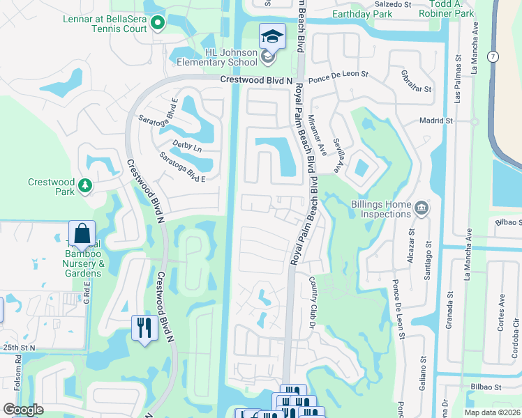 map of restaurants, bars, coffee shops, grocery stores, and more near 73 Conaskonk Circle in Royal Palm Beach