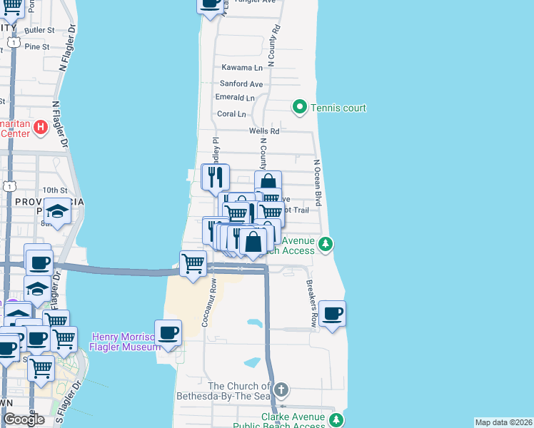 map of restaurants, bars, coffee shops, grocery stores, and more near 213 Park Avenue in Palm Beach