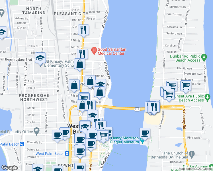 map of restaurants, bars, coffee shops, grocery stores, and more near 901 North Flagler Drive in West Palm Beach