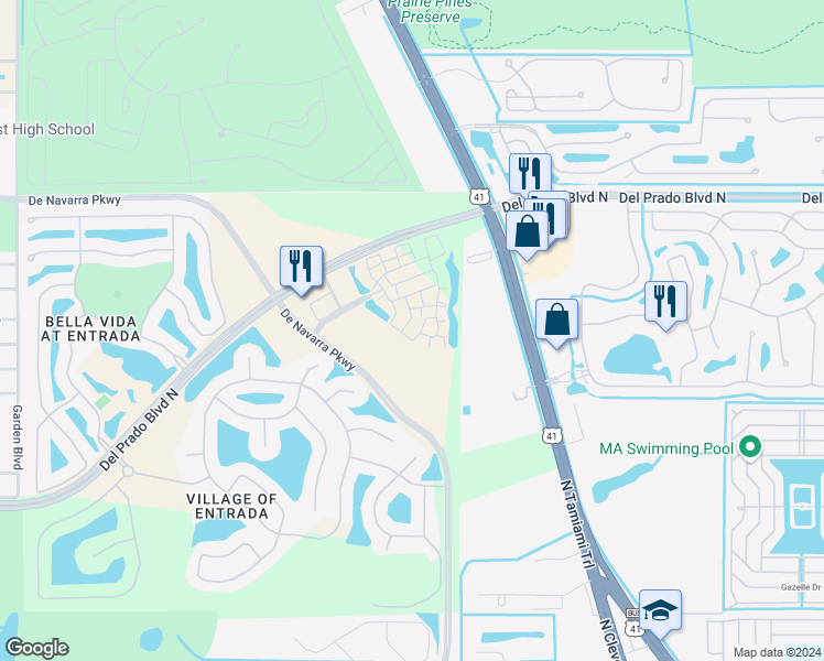 map of restaurants, bars, coffee shops, grocery stores, and more near 103 Pomodoro Circle in North Fort Myers