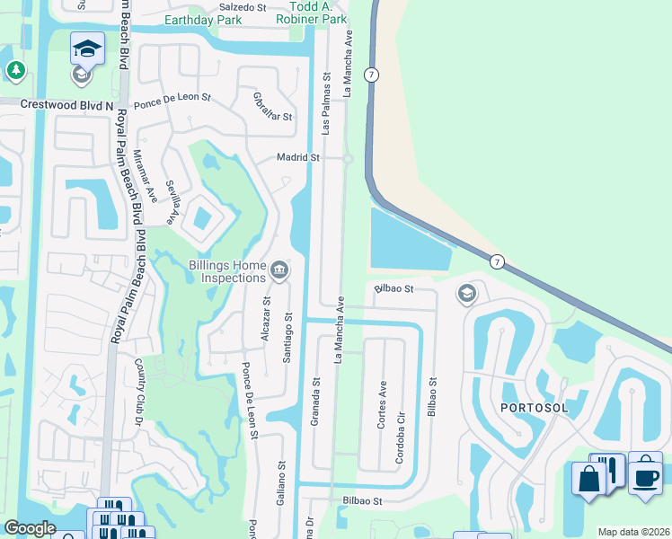 map of restaurants, bars, coffee shops, grocery stores, and more near 248 La Mancha Avenue in Royal Palm Beach
