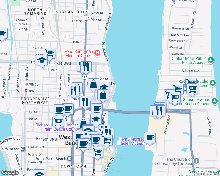 map of restaurants, bars, coffee shops, grocery stores, and more near 917 North Flagler Drive in West Palm Beach