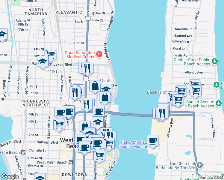 map of restaurants, bars, coffee shops, grocery stores, and more near 901 North Flagler Drive in West Palm Beach