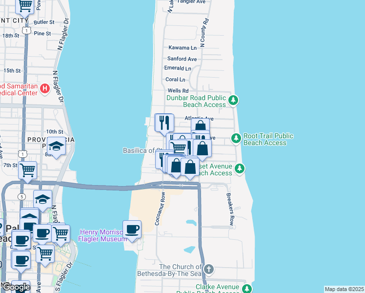 map of restaurants, bars, coffee shops, grocery stores, and more near 255 Park Avenue in Palm Beach