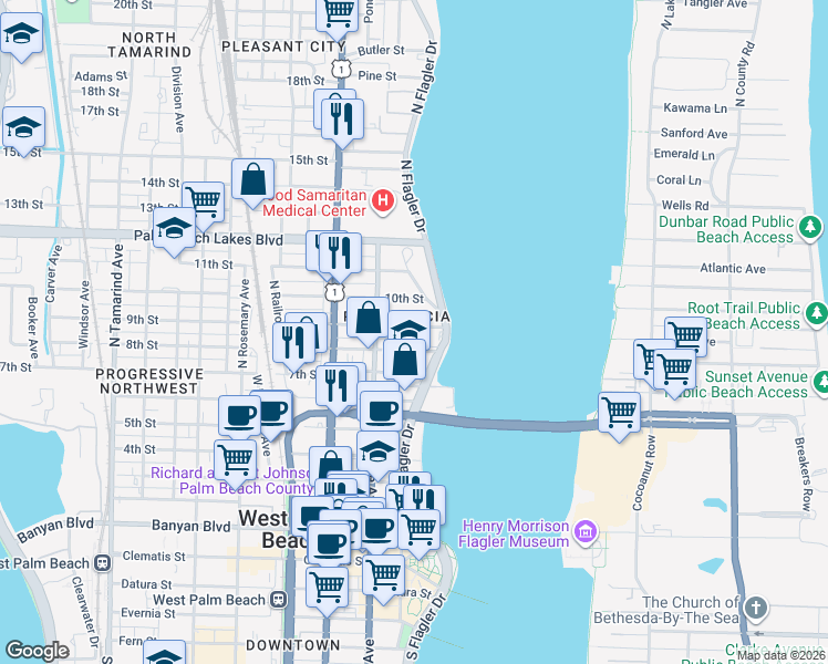 map of restaurants, bars, coffee shops, grocery stores, and more near 228 9th Street in West Palm Beach