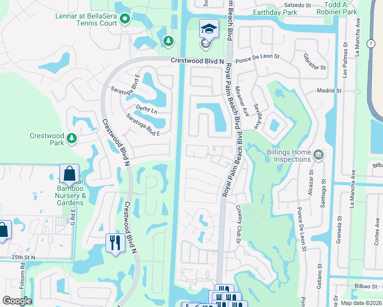 map of restaurants, bars, coffee shops, grocery stores, and more near 73 Conaskonk Circle in Royal Palm Beach