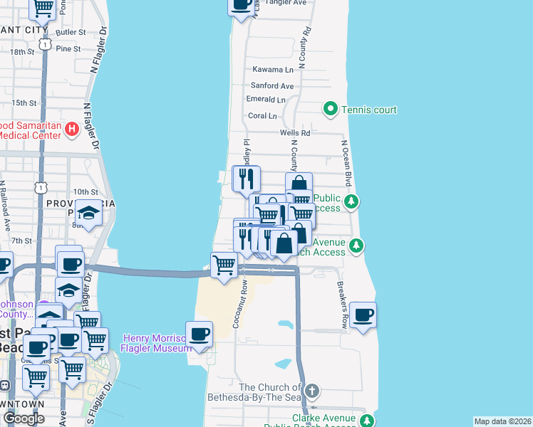map of restaurants, bars, coffee shops, grocery stores, and more near 255 Park Avenue in Palm Beach