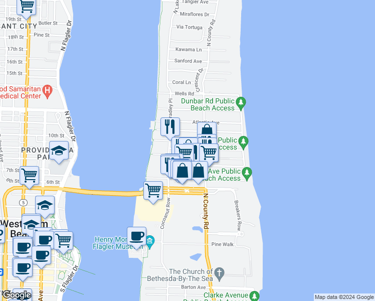 map of restaurants, bars, coffee shops, grocery stores, and more near 255 Park Avenue in Palm Beach