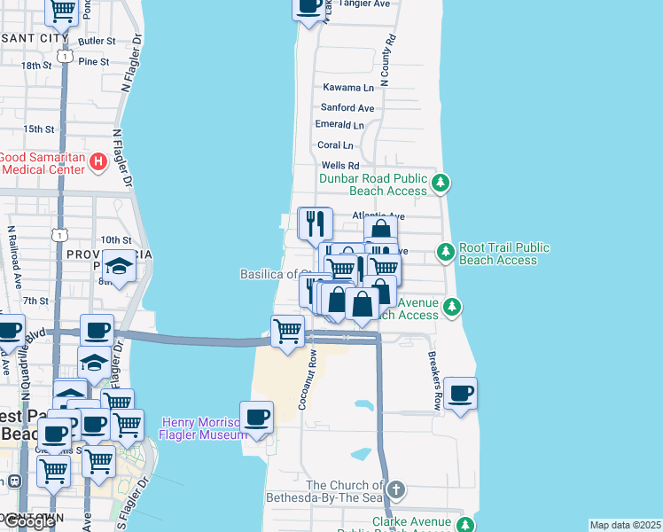 map of restaurants, bars, coffee shops, grocery stores, and more near 255 Park Avenue in Palm Beach
