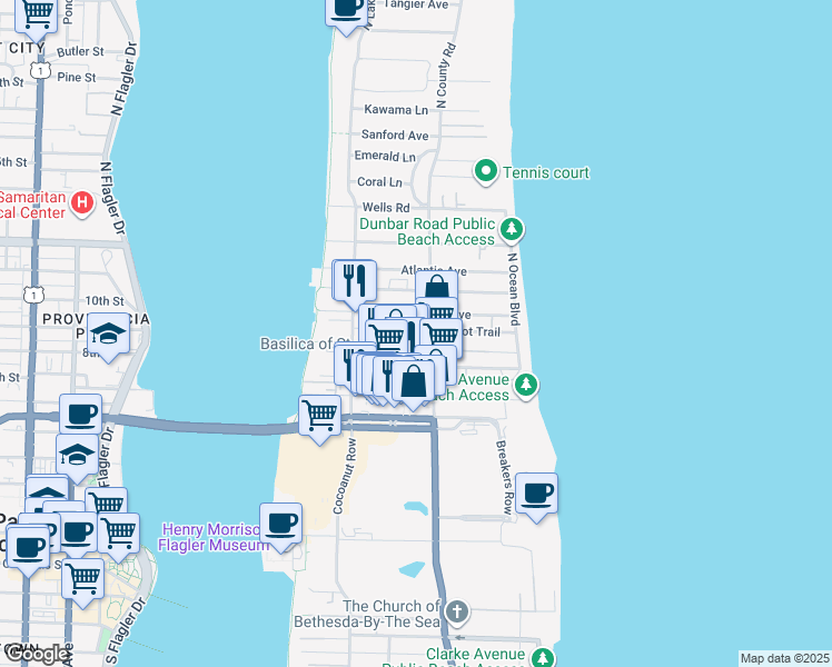 map of restaurants, bars, coffee shops, grocery stores, and more near 213 Park Avenue in Palm Beach