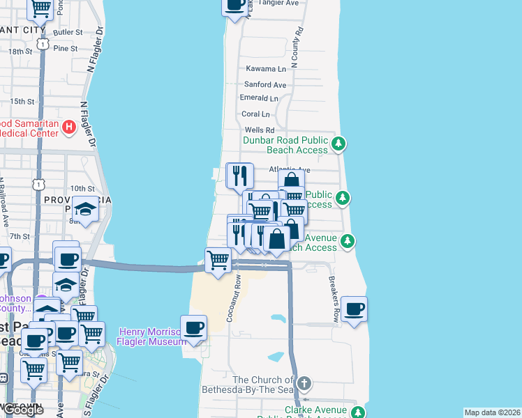 map of restaurants, bars, coffee shops, grocery stores, and more near 240 Oleander Avenue in Palm Beach