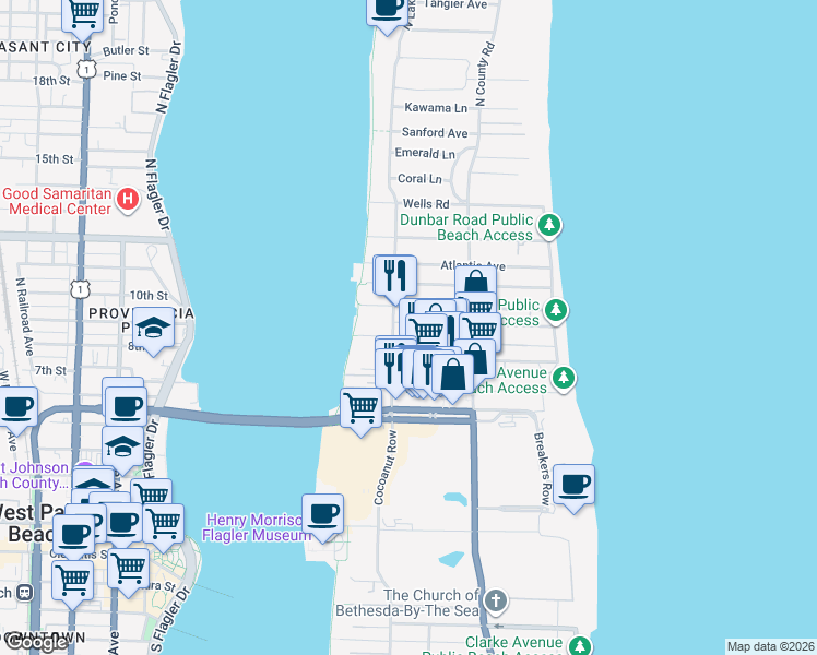 map of restaurants, bars, coffee shops, grocery stores, and more near 255 Park Avenue in Palm Beach