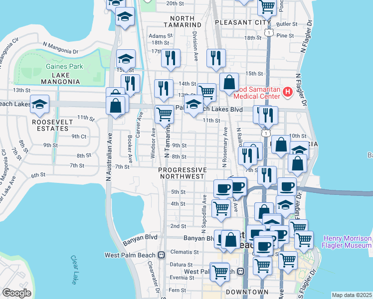 map of restaurants, bars, coffee shops, grocery stores, and more near 801 8th Street in West Palm Beach