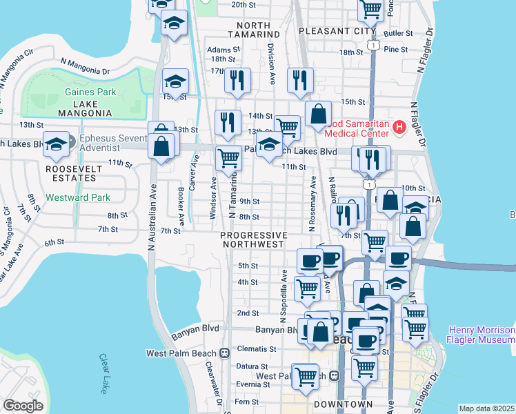map of restaurants, bars, coffee shops, grocery stores, and more near 801 8th Street in West Palm Beach