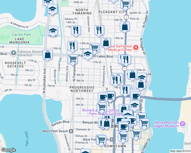 map of restaurants, bars, coffee shops, grocery stores, and more near 627 8th Street in West Palm Beach