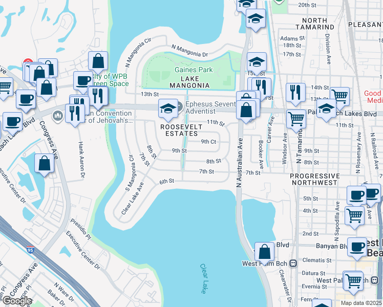 map of restaurants, bars, coffee shops, grocery stores, and more near 1387 8th Street in West Palm Beach