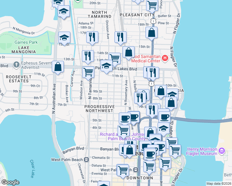 map of restaurants, bars, coffee shops, grocery stores, and more near 627 8th Street in West Palm Beach