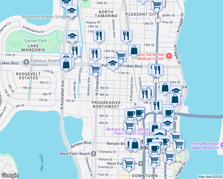 map of restaurants, bars, coffee shops, grocery stores, and more near 801 8th Street in West Palm Beach