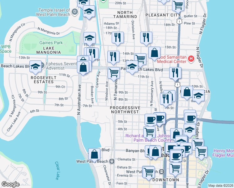 map of restaurants, bars, coffee shops, grocery stores, and more near 907 8th Street in West Palm Beach