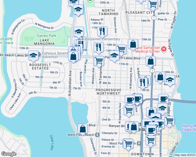 map of restaurants, bars, coffee shops, grocery stores, and more near in West Palm Beach