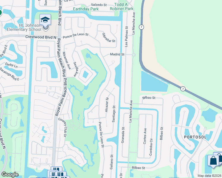 map of restaurants, bars, coffee shops, grocery stores, and more near 159 Santiago Street in Royal Palm Beach