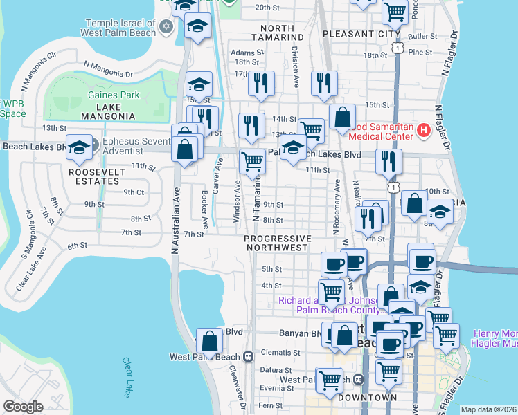 map of restaurants, bars, coffee shops, grocery stores, and more near 907 8th Street in West Palm Beach