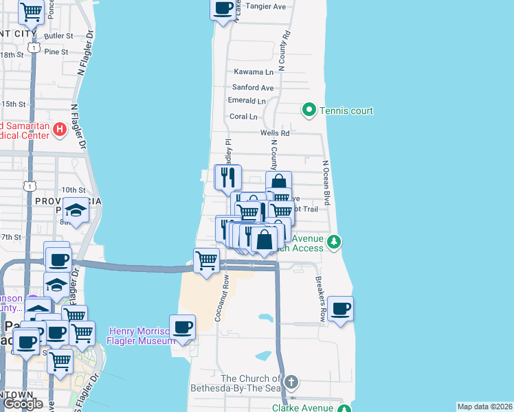 map of restaurants, bars, coffee shops, grocery stores, and more near 213 Park Avenue in Palm Beach