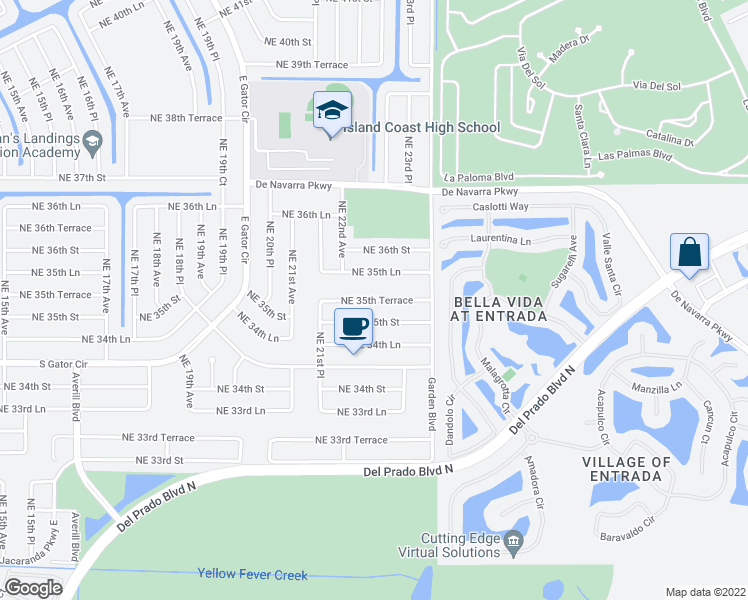 map of restaurants, bars, coffee shops, grocery stores, and more near 2226 Northeast 35th Terrace in Cape Coral