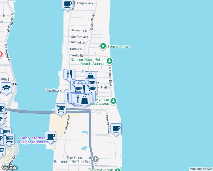 map of restaurants, bars, coffee shops, grocery stores, and more near 170 North Ocean Boulevard in Palm Beach