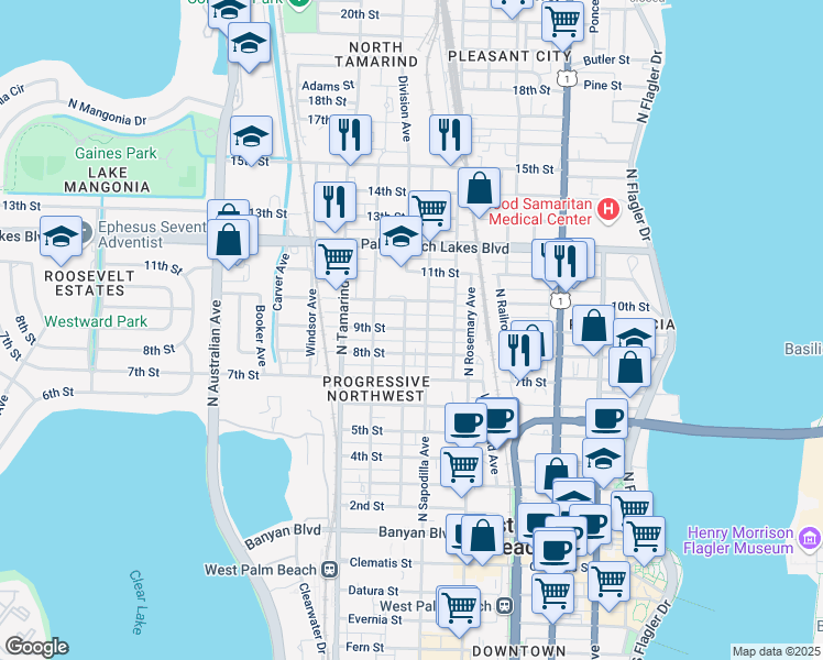 map of restaurants, bars, coffee shops, grocery stores, and more near 801 8th Street in West Palm Beach