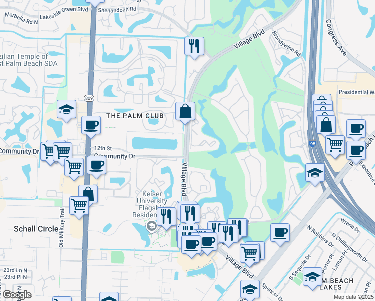 map of restaurants, bars, coffee shops, grocery stores, and more near 1709 Village Boulevard in West Palm Beach