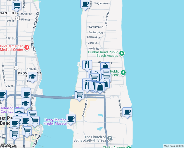 map of restaurants, bars, coffee shops, grocery stores, and more near 256 Seminole Avenue in Palm Beach