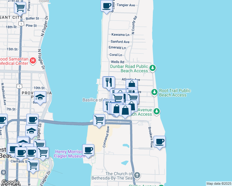 map of restaurants, bars, coffee shops, grocery stores, and more near 250 Everglade Avenue in Palm Beach