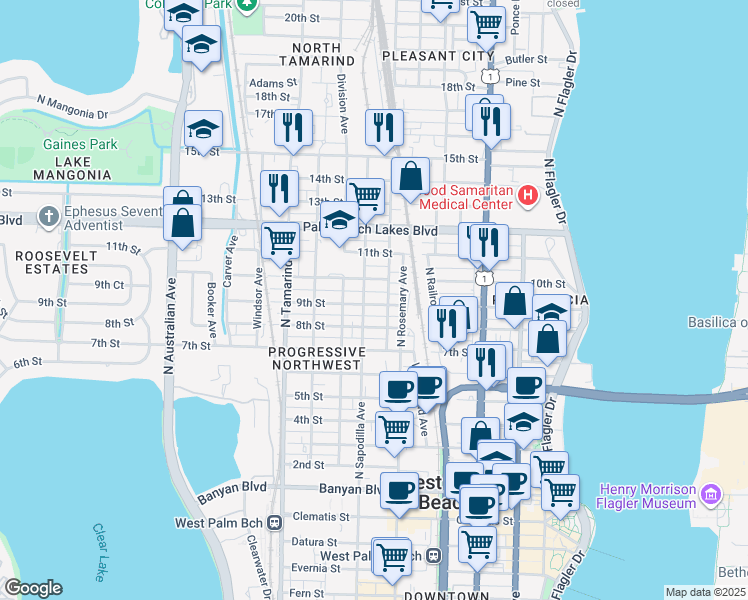 map of restaurants, bars, coffee shops, grocery stores, and more near 630 10th Street in West Palm Beach