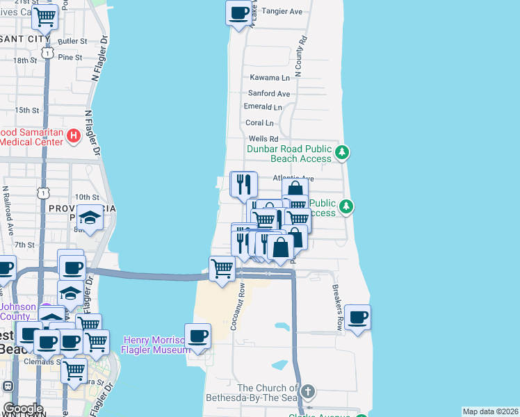 map of restaurants, bars, coffee shops, grocery stores, and more near 250 Everglade Avenue in Palm Beach