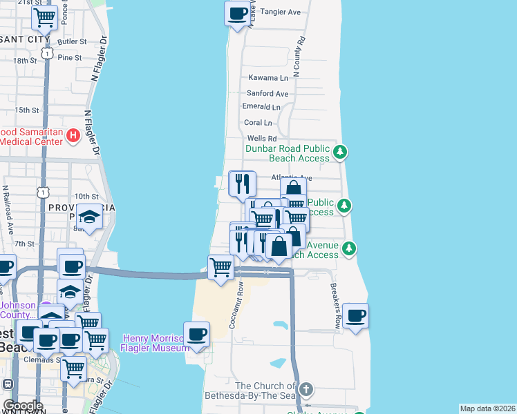 map of restaurants, bars, coffee shops, grocery stores, and more near 250 Seminole Avenue in Palm Beach