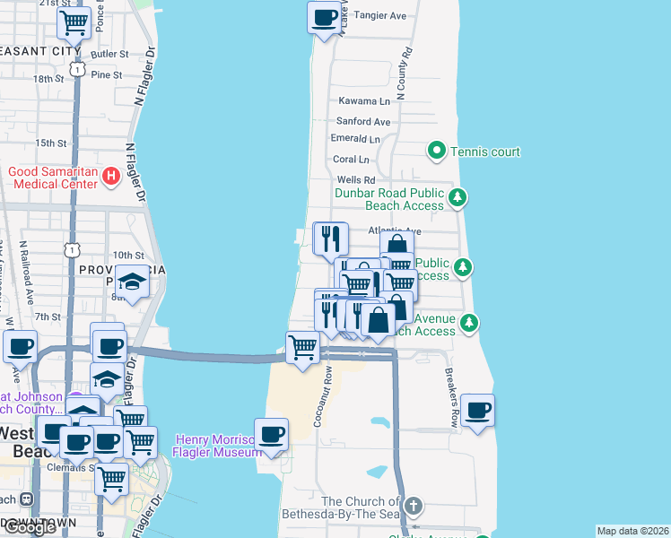 map of restaurants, bars, coffee shops, grocery stores, and more near 264 Seminole Avenue in Palm Beach