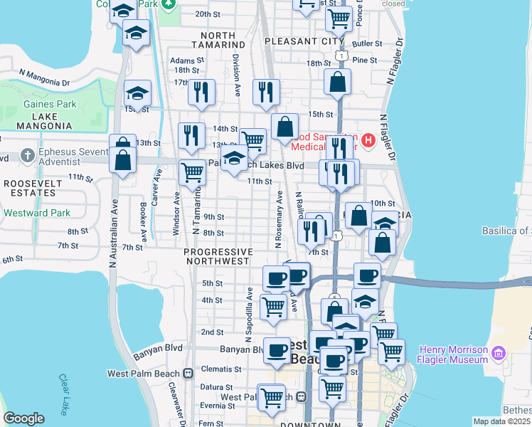 map of restaurants, bars, coffee shops, grocery stores, and more near 630 10th Street in West Palm Beach