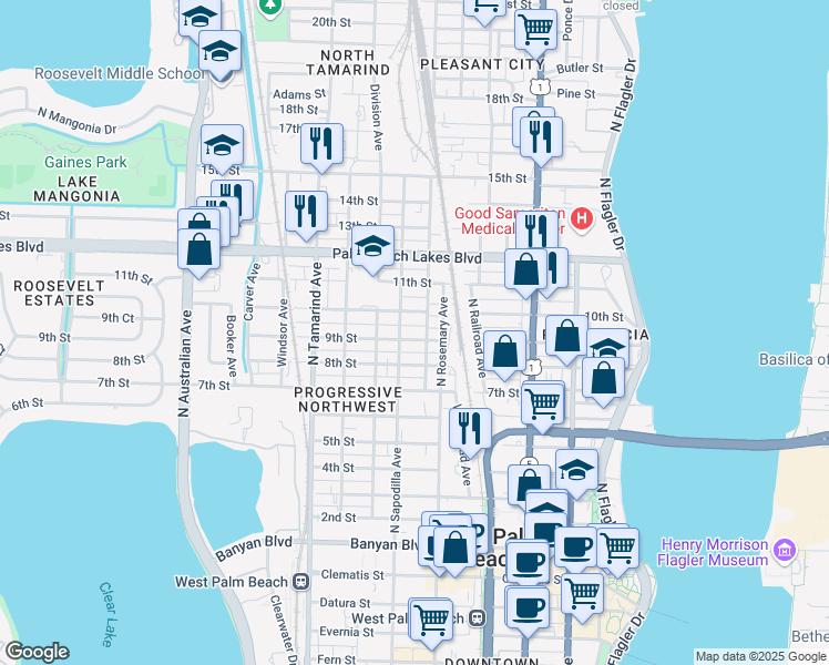 map of restaurants, bars, coffee shops, grocery stores, and more near 630 10th Street in West Palm Beach