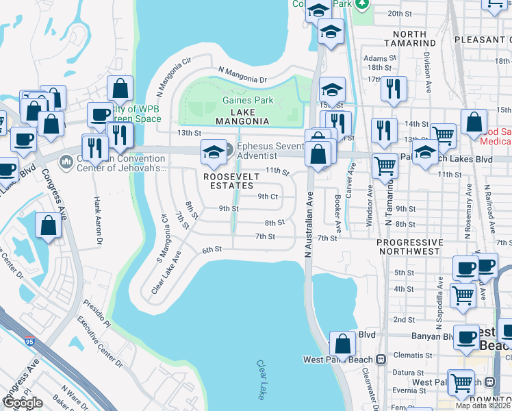 map of restaurants, bars, coffee shops, grocery stores, and more near 1367 9th Court in West Palm Beach