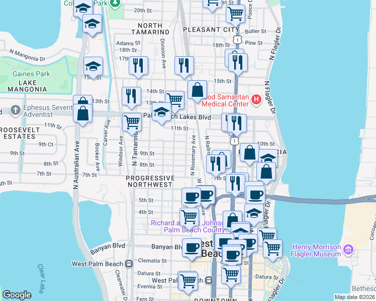 map of restaurants, bars, coffee shops, grocery stores, and more near 1008 Henrietta Avenue in West Palm Beach