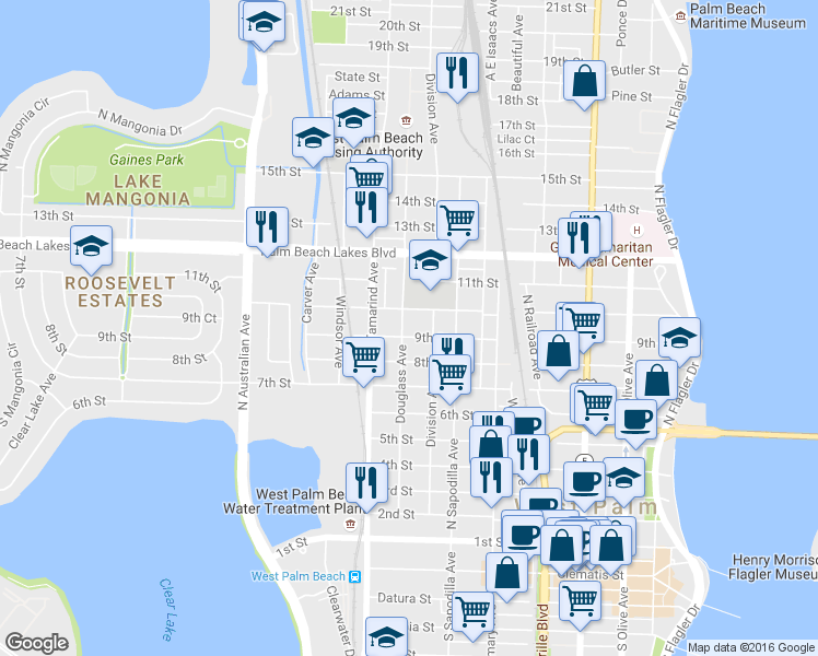 map of restaurants, bars, coffee shops, grocery stores, and more near 908 10th Street in West Palm Beach