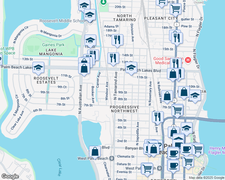 map of restaurants, bars, coffee shops, grocery stores, and more near 1018 10th Street in West Palm Beach