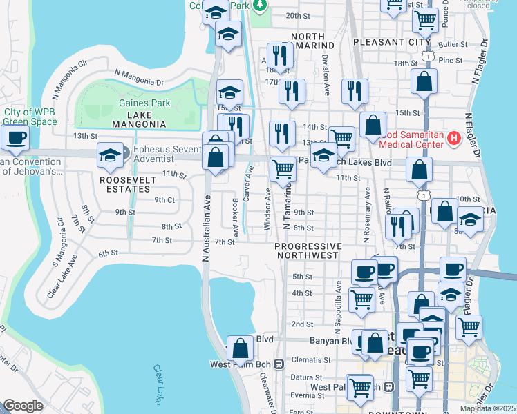 map of restaurants, bars, coffee shops, grocery stores, and more near 1122 10th Street in West Palm Beach