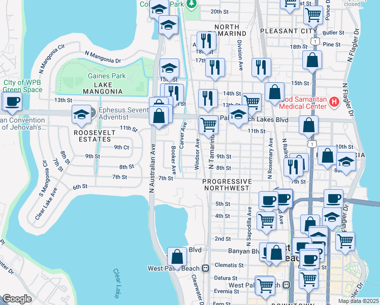 map of restaurants, bars, coffee shops, grocery stores, and more near 1122 10th Street in West Palm Beach