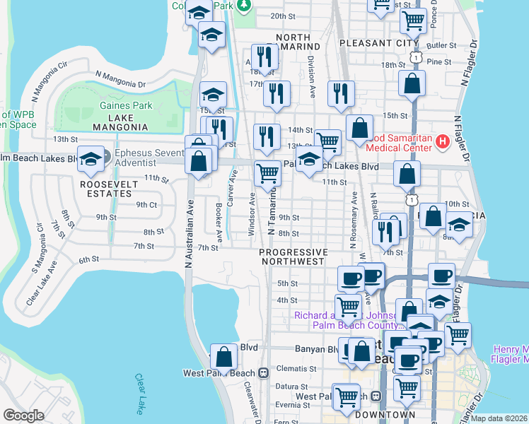 map of restaurants, bars, coffee shops, grocery stores, and more near 1018 10th Street in West Palm Beach