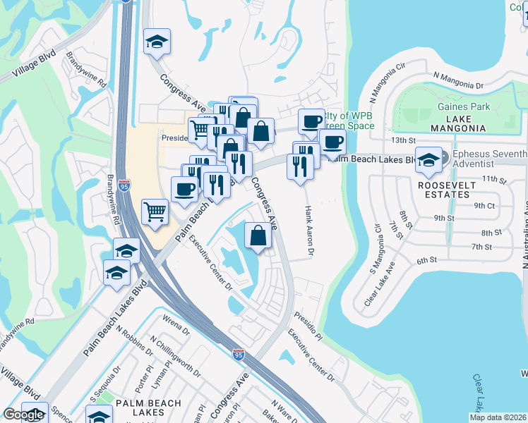 map of restaurants, bars, coffee shops, grocery stores, and more near 960 Millbrae Court in West Palm Beach